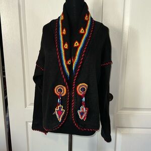 VTG NATIVE AMERICAN HAND BEADED COLORFUL GEOMETRIC CARDIGAN ARROWHEAD